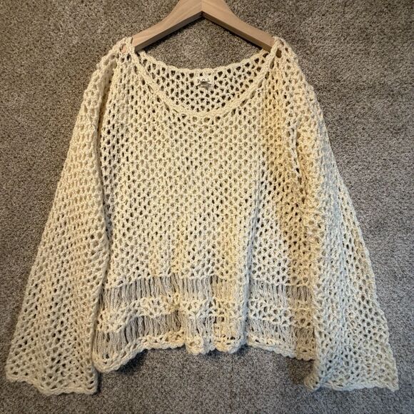Cream Sweaters - POL Clothing Womens Medium Cream Open Knit Crochet Bell Sleeve Sweater BST8 Boho